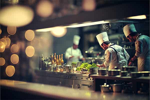 Köche in einer Küche, tragen rutschfeste Arbeitsschuhe für die Gastronomie