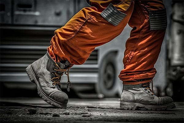 Die Füsse und Beine eines Strassenbauarbeiters in orangen Warnkleidern und Sicherheitsschuhen.